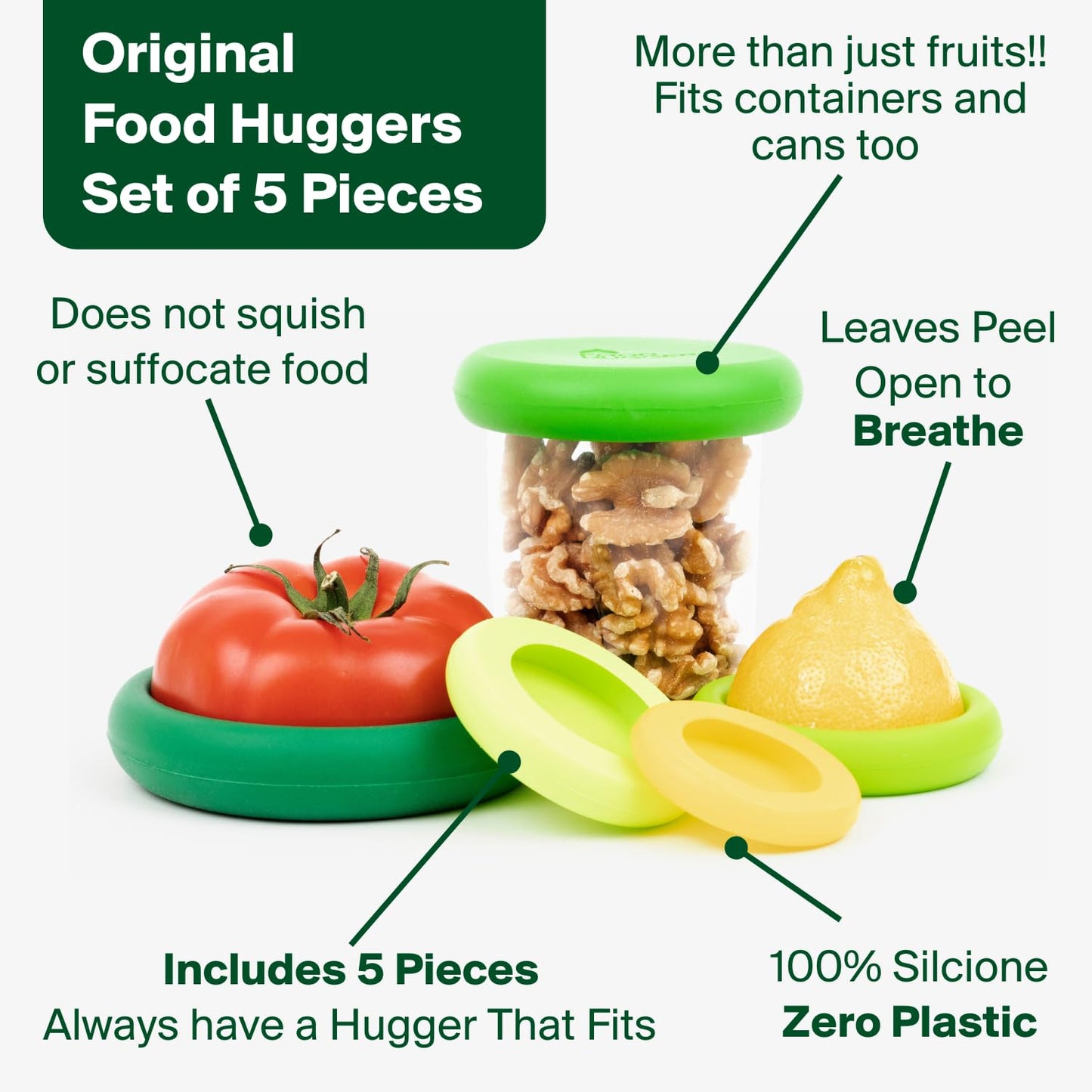 Food Huggers 5pc Reusable Silicone Food Savers | BPA Free & Dishwasher Safe | Fruit & Vegetable Produce Storage for Onion, Tomato, Lemon, Banana, Cans & More | 5 Pack Round, Fresh Greens