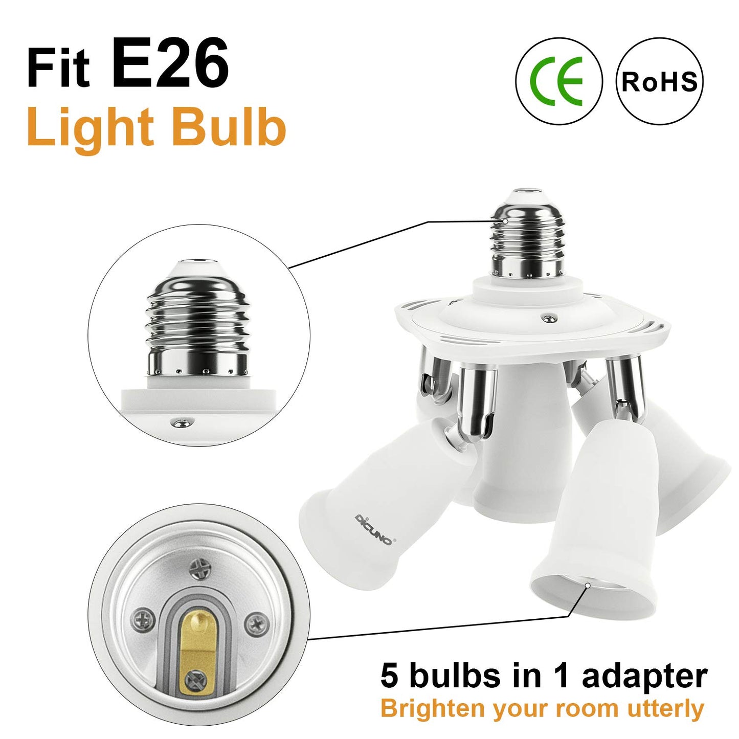DiCUNO 5 in 1 E26/E27 Socket Adapter, 5 Way Splitter E26/E27 Standard LED Bulbs Holder, Converter Chandelier Socket with 360 Degrees Adjustable 180 Degree Bending, Max Wattage 300W