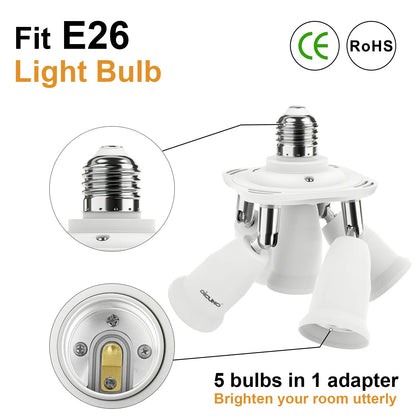 DiCUNO 5 in 1 E26/E27 Socket Adapter, 5 Way Splitter E26/E27 Standard LED Bulbs Holder, Converter Chandelier Socket with 360 Degrees Adjustable 180 Degree Bending, Max Wattage 300W