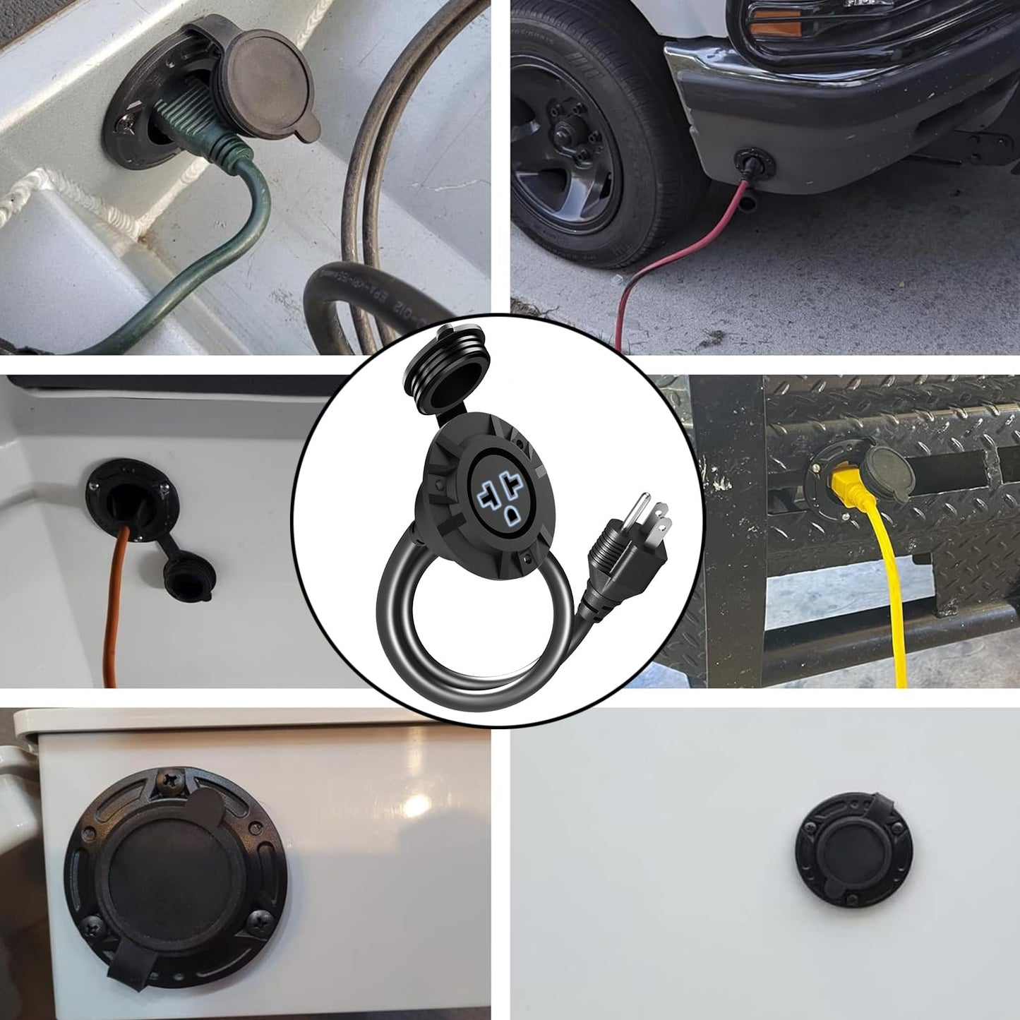 KarlKers 15A Weatherproof Outdoor Power Outlet, 15 Amp 125V NEMA 5-15R Receptacle Outlet with Integrated 20 Inch Extension Cord, 12AWG Outdoor Electrical Outlet with Waterproof Rubber Cover