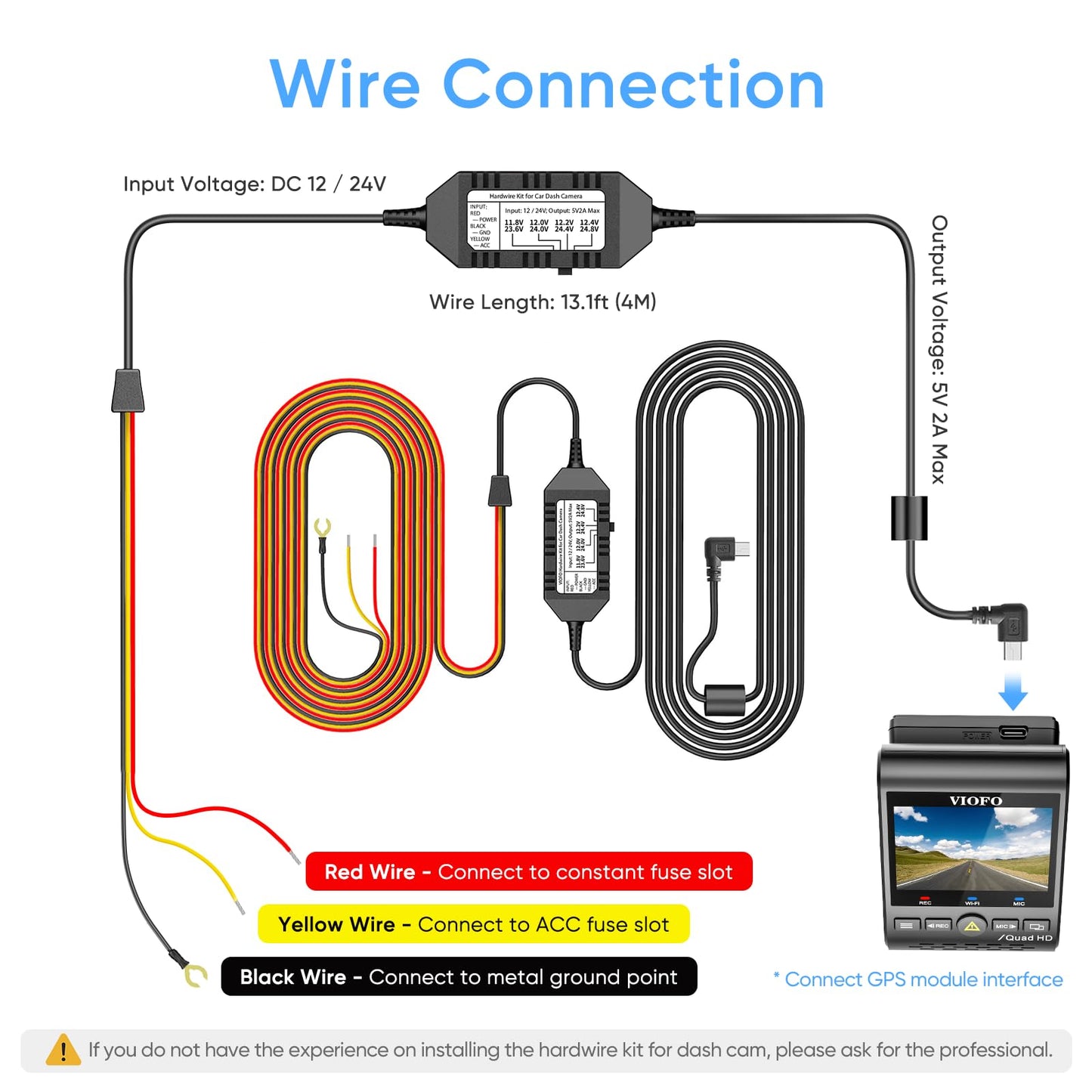 VIOFO HK3 Acc Hardwire Cable for A129, A129Plus, A129 PRO, A129IR, A119 V3, Enables Parking Mode, Low Voltage Protection (Fuse Tap Not Included)