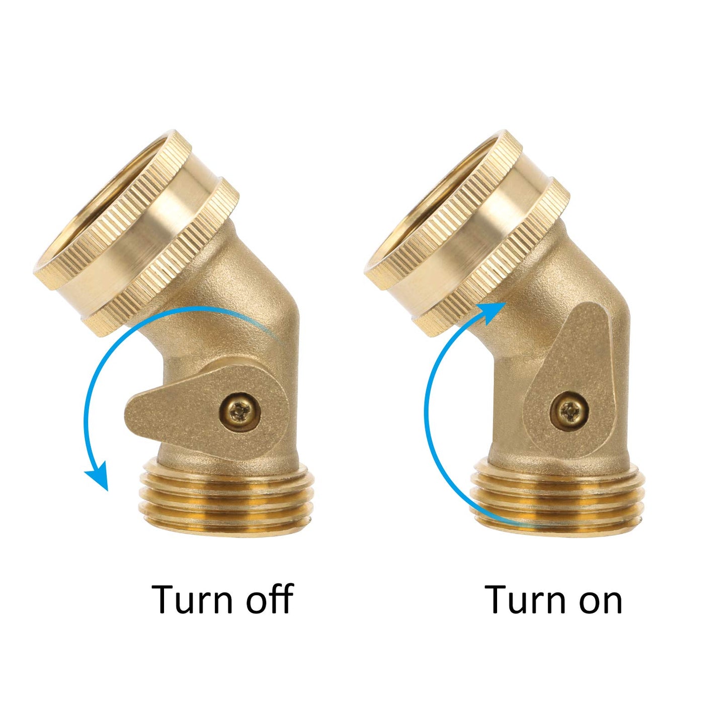 STYDDI 45 Degree Garden Hose Elbow Brass Connector with Shut-Off Valve, 3/4” GHT Water Hose Elbow Adapter for RVs or Outdoors, with 2 Extra Rubber Washers and 2 Washers with Screen, 2 Pack