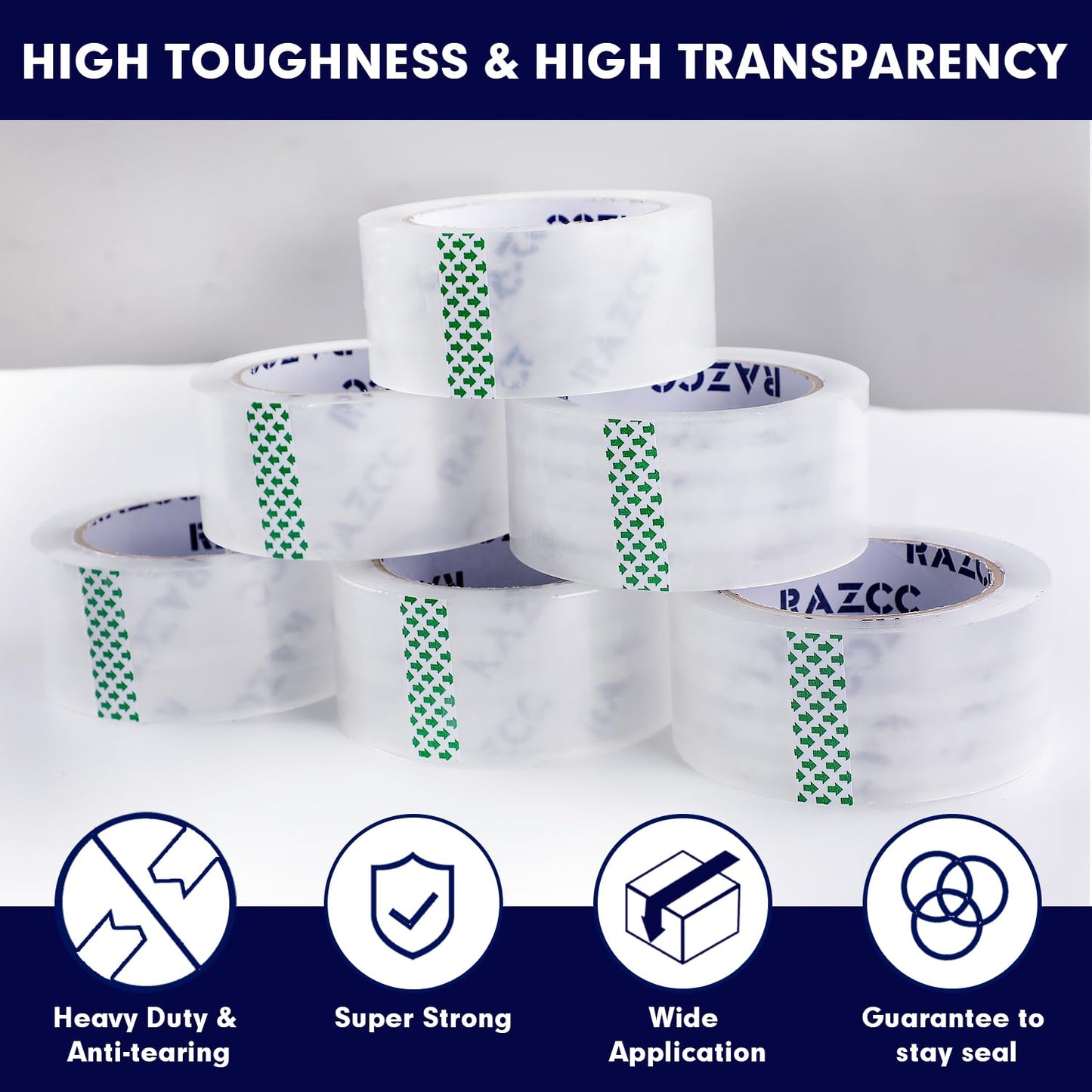 RAZCC Packing Tape, 12 Rolls Clear Heavy Duty Packaging Tape with Dispensers for Packing, Shipping, Moving and Mailing, Thicker Sealing Tape-1.88" x 65 Yards Per Roll, 780 Total Yards