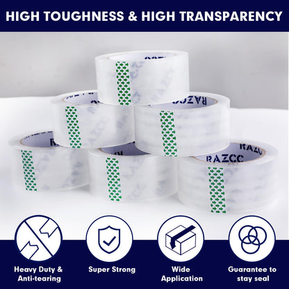 RAZCC Packing Tape, 12 Rolls Clear Heavy Duty Packaging Tape with Dispensers for Packing, Shipping, Moving and Mailing, Thicker Sealing Tape-1.88" x 65 Yards Per Roll, 780 Total Yards