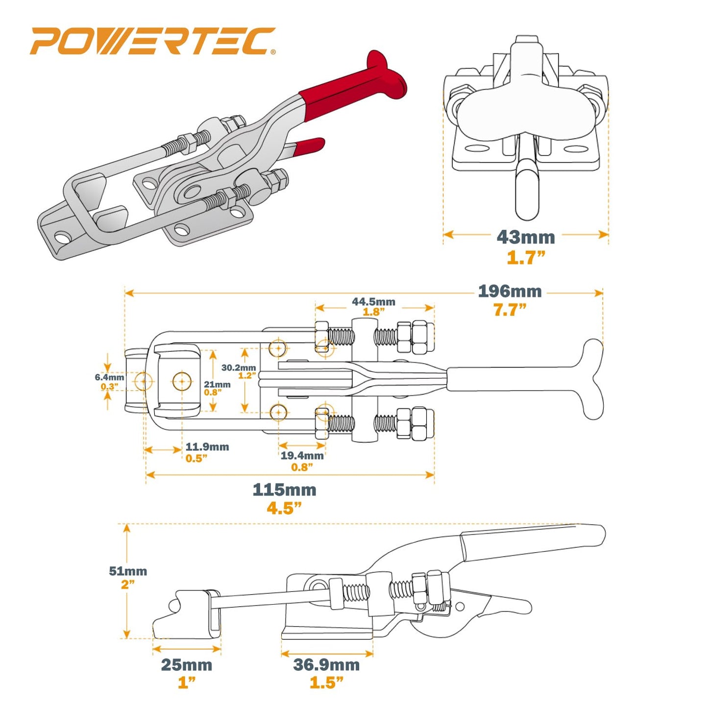 POWERTEC 20341 Heavy Duty Adjustable Latch-Action U Bolt Self-Lock Toggle Clamp 431-700 lbs Holding Capacity, 2PK, Red