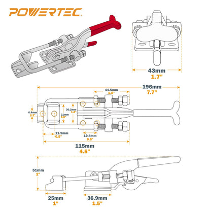 POWERTEC 20341 Heavy Duty Adjustable Latch-Action U Bolt Self-Lock Toggle Clamp 431-700 lbs Holding Capacity, 2PK, Red
