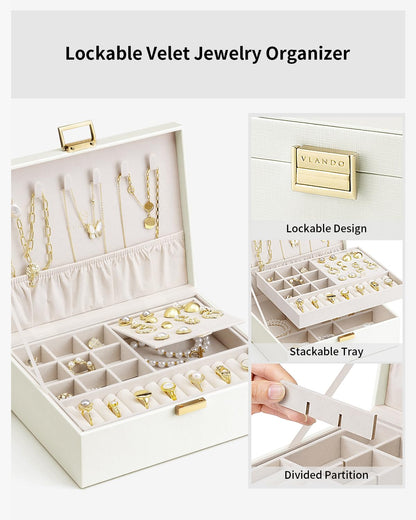 Vlando 2 Layer Jewelry Box Large Jewelry Organizer for Women Removable Jewelery Tray for Necklace Earrings Rings Bracelets Jewelry Boxes for Women Gift (White)