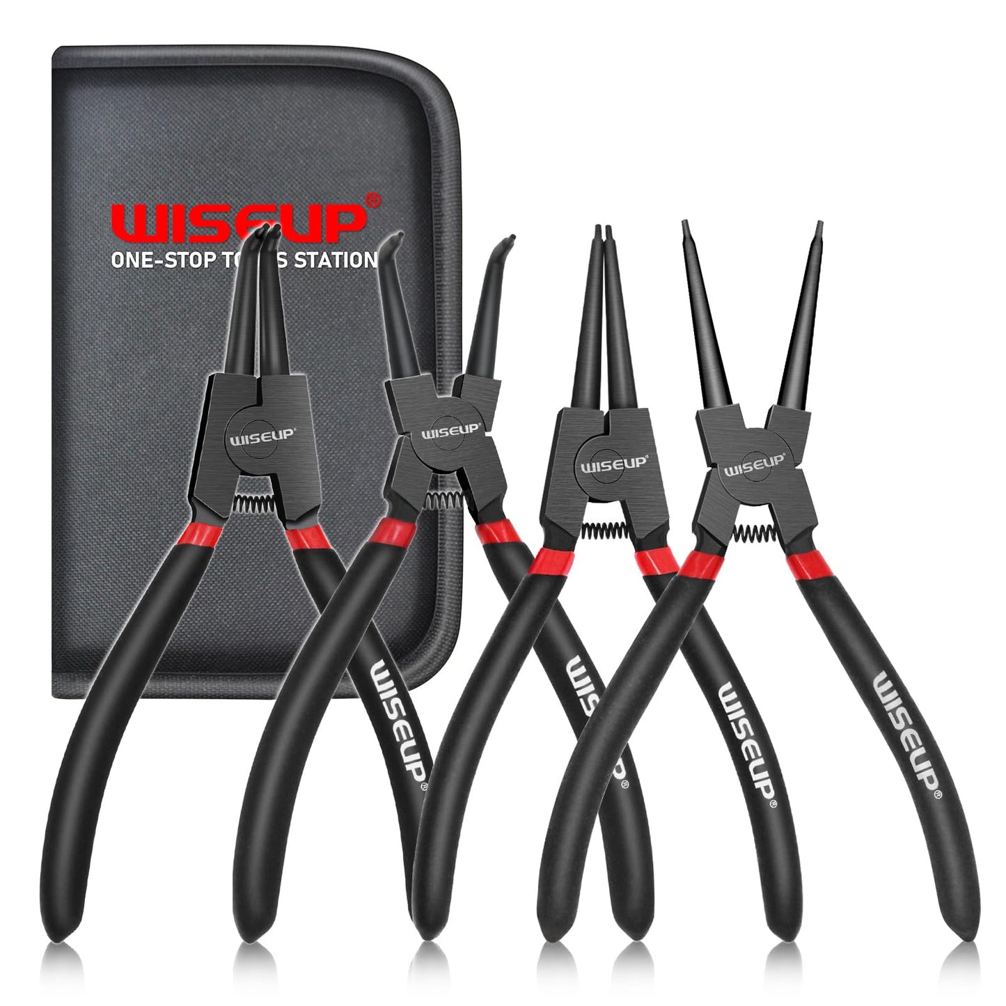 WISEUP Pliers Set, 170mm 4-Piece Bent/Straight Internal External Circlip Plier, Industrial Carbon Steel plier Set, Anti-Rust, Anti-Bending and Labor-Saving Split Ring Pliers, with Storage Bag
