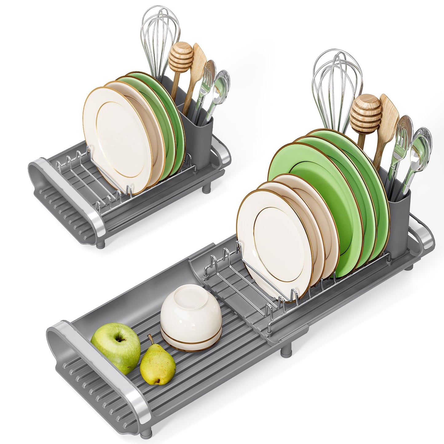 Small Expandable Dish Drying Rack – Compact Stainless Steel Dish Drainer with Removable Cutlery Holder, Anti-Rust Plate Rack for Kitchen Countertop or Sink, Grey