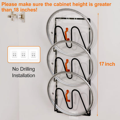 2 Pack Pot Lid Organizer Rack, 6-Tier Pot Lids Holder for Cabinet Door/Wall, No Drilling Adhesive Wall/Door Mounted Rustproof Pot And Pan Cover For Kitchen Storage, Classic Black
