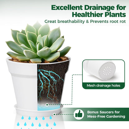 T4U 5 Inch Plant Pots 8 Pack, Plastic Planters with Drainage and Saucers, DIY Beginner Plant Kit for Indoor Gardening, Flower Pots for Repotting Pothos, Herbs and Spider Plants(White)