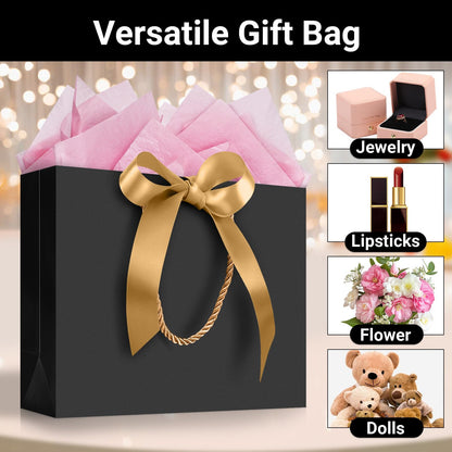 EUSOAR Gift Bags Medium Size, 12pcs 10.6"x3.1"x8.3" Black Kraft Paper Bags with Bow Ribbon Handle, Shopping Thank You Bag Party Favor Gift Treat Bag Bulk for Merchandise Wedding Guests Bridal