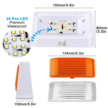 ShinePick LED RV Porch Light 12V Super Bright RV Exterior Lights with ON/Off Switch, Lighting for RVs, Trailers, Campers,White Base, Clear and Amber Removable Lenses(2 Pack)