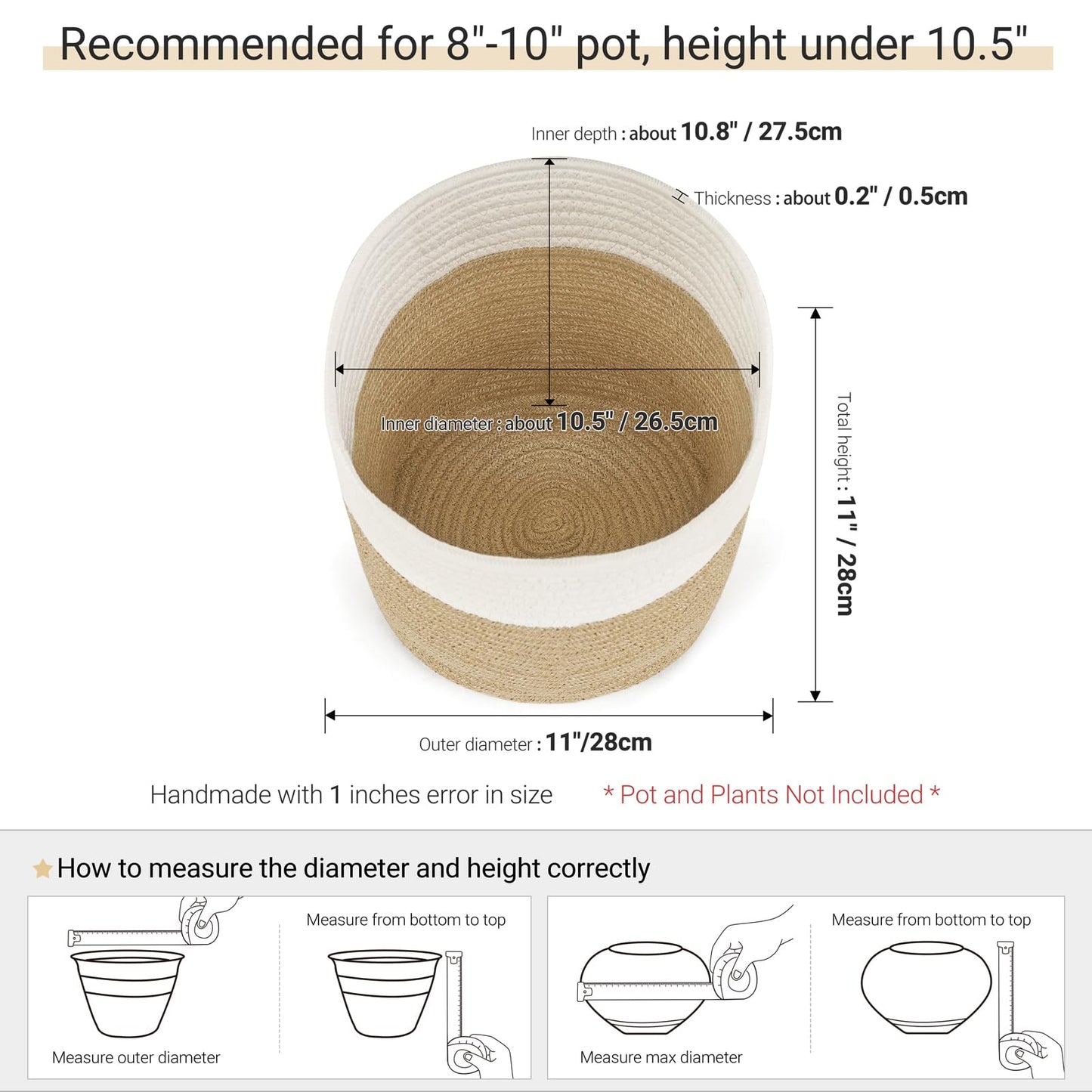 Dahey Jute Spliced Cotton Rope Plant Basket Modern Woven Storage Basket for 10" Floor Indoor Planter, Decorative Flower Pots Cover Laundry Bin with Handle Rustic Home Decor, White and Beige