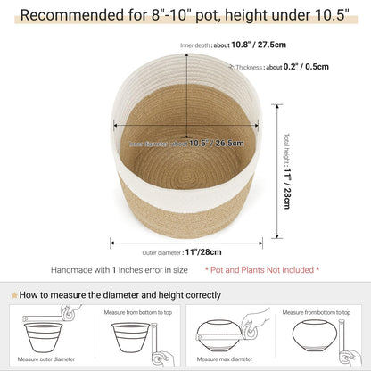 Dahey Jute Spliced Cotton Rope Plant Basket Modern Woven Storage Basket for 10" Floor Indoor Planter, Decorative Flower Pots Cover Laundry Bin with Handle Rustic Home Decor, White and Beige