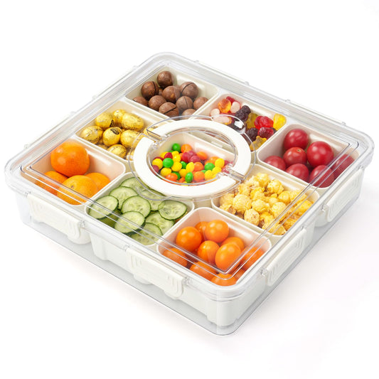 Divided Snackle Box - 9 Compartments Serving Tray with Lid & Handle - Clear Snack Container for Fruits, Candy & Nuts - Suitable for Travel, Parties & Daily Use (9 Inside Containers Dishwasher Safe)