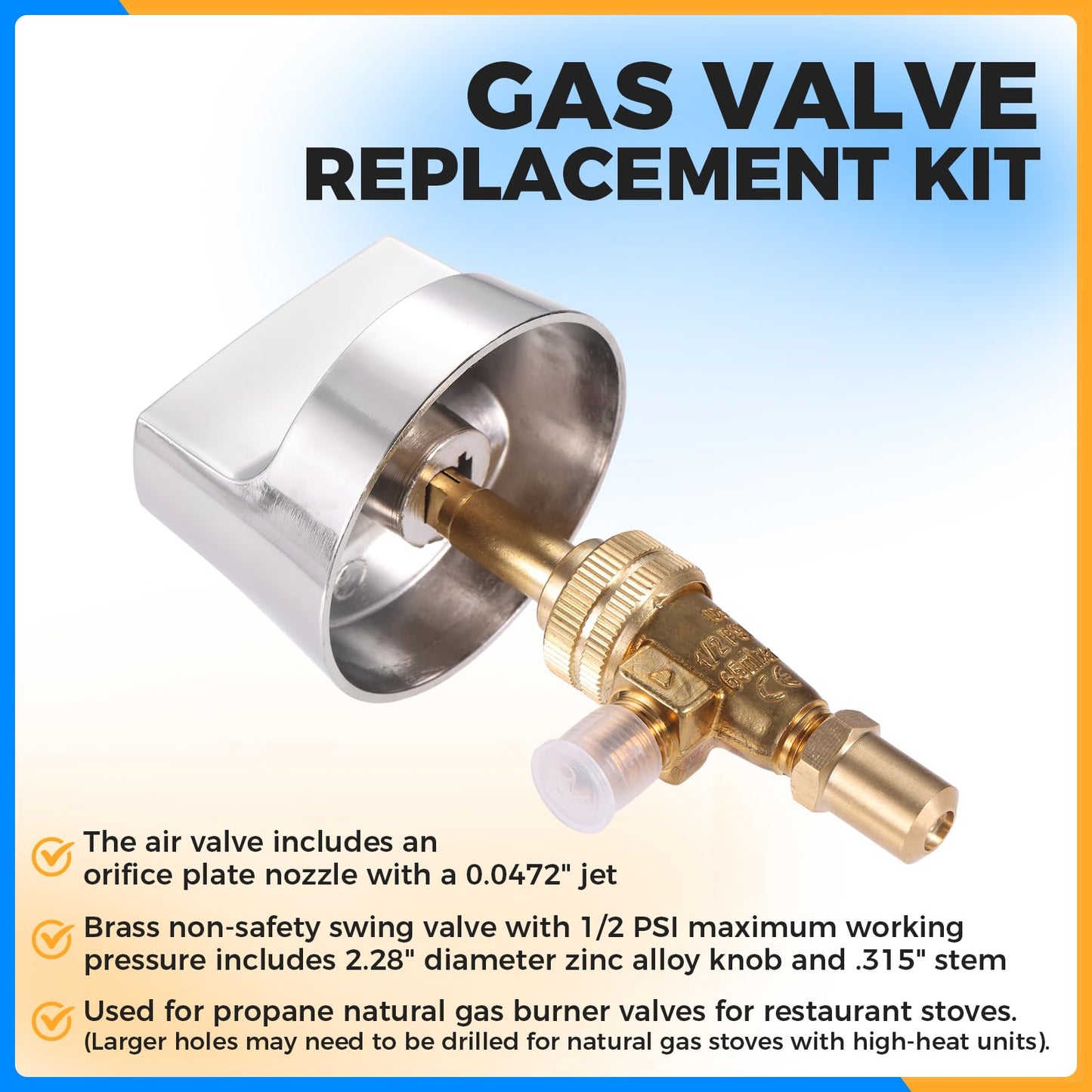 Propane Natural Brass Gas Control Valve 0.047" Orfice with Chromed Steel Control Knob for Hotel Commercial Kitchen Stem Length 1.4"
