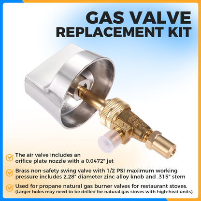 Propane Natural Brass Gas Control Valve 0.047" Orfice with Chromed Steel Control Knob for Hotel Commercial Kitchen Stem Length 1.4"