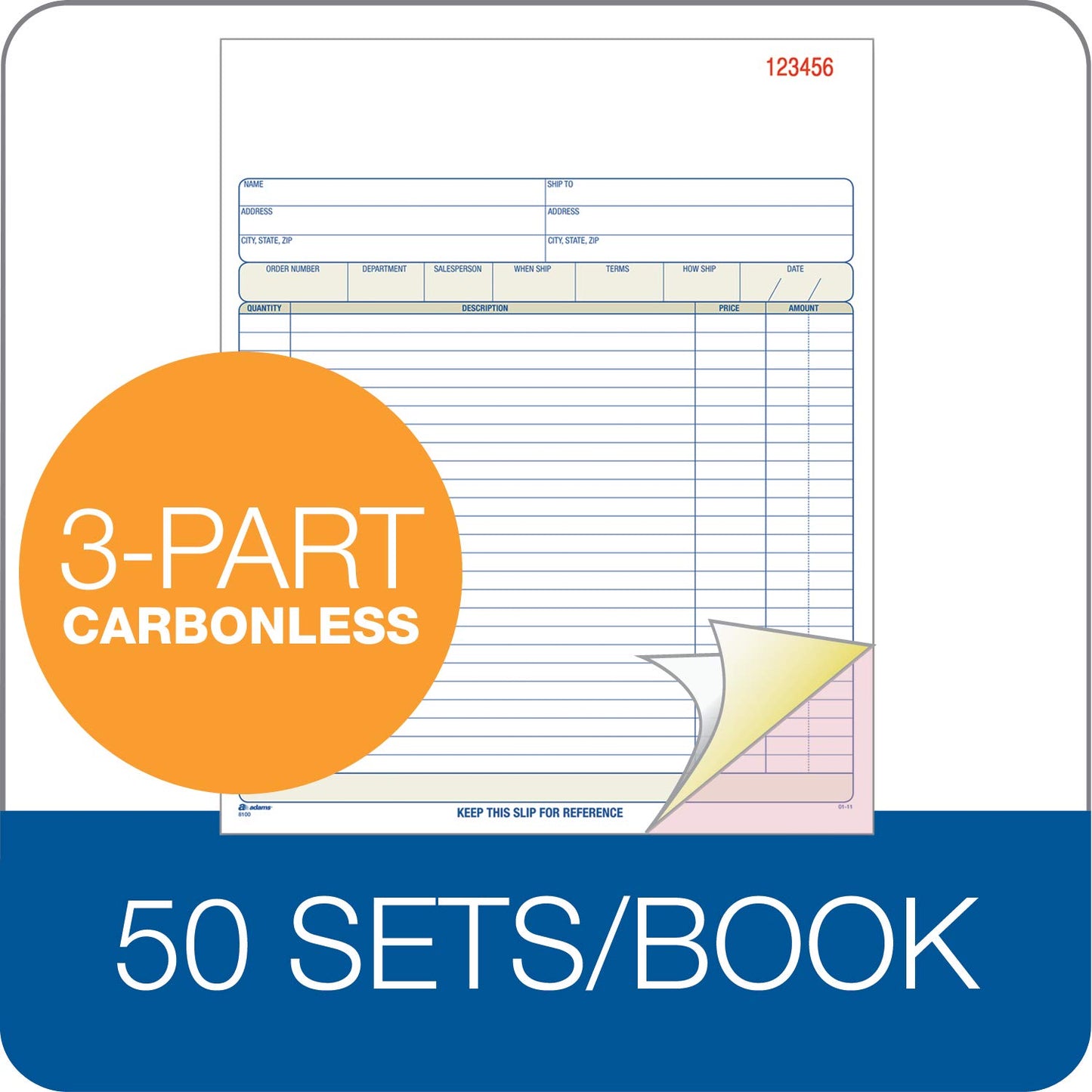 Adams Order Book, 8.38 x 10.69 Inch, 3-Part, Carbonless, 50 Sets, White, Canary, Pink (TC8100)