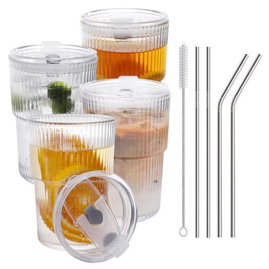 RÉΑLWÁY Iced Coffee Cups with Lids and Straws Set of 4, 16 OZ Unbreakable Plastic Drinking Glasses Reusable Iced Coffee Glass to Go Cup for Iced Tea,Juice, Water,BPA Free, Dishwasher Safe