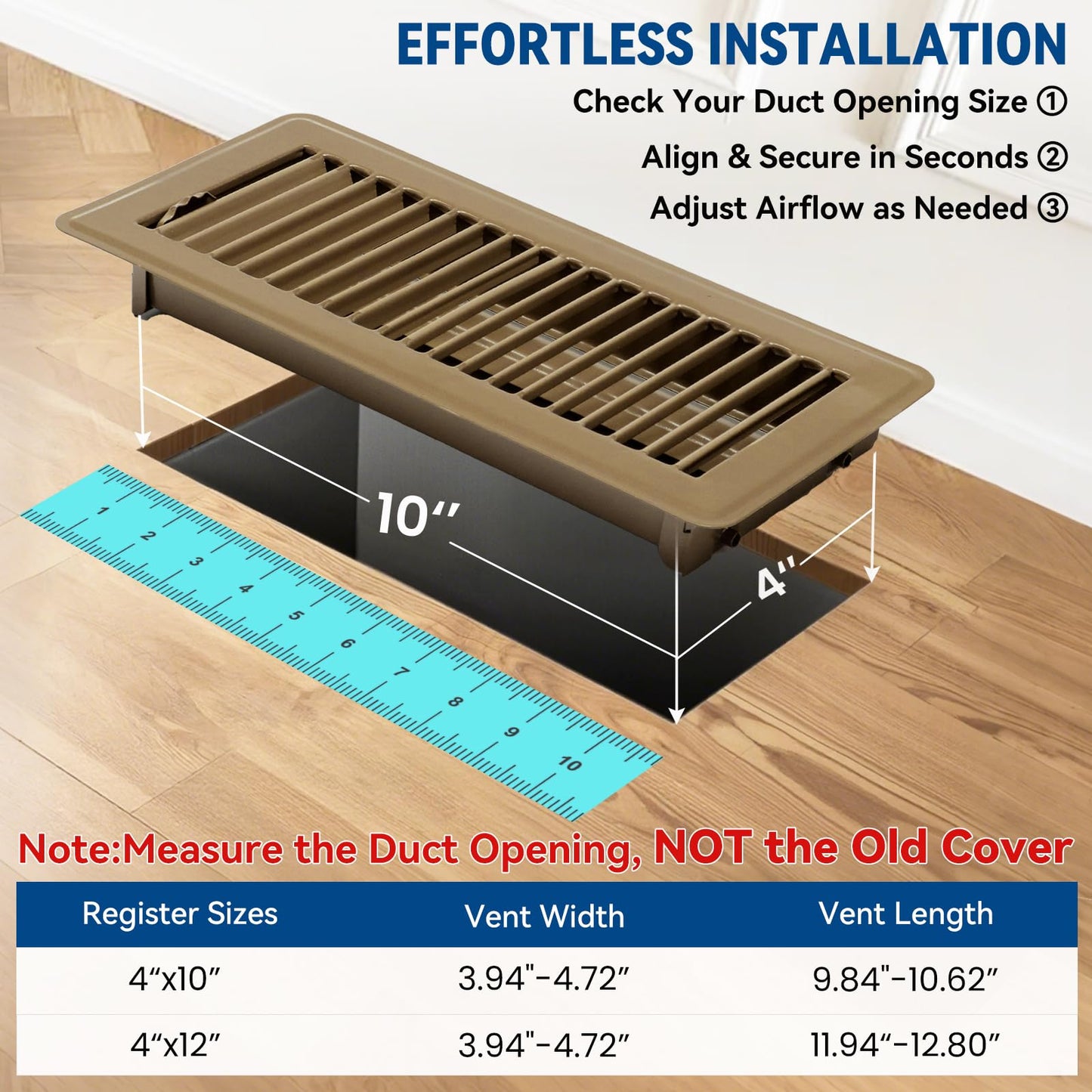 4" x 10" Floor Register Vent Covers 2-Pack, Walkable Powder-Coated Metal Vent Covers with Adjustable Airflow, Curved Safe Edges for Floor/Wall, Brown