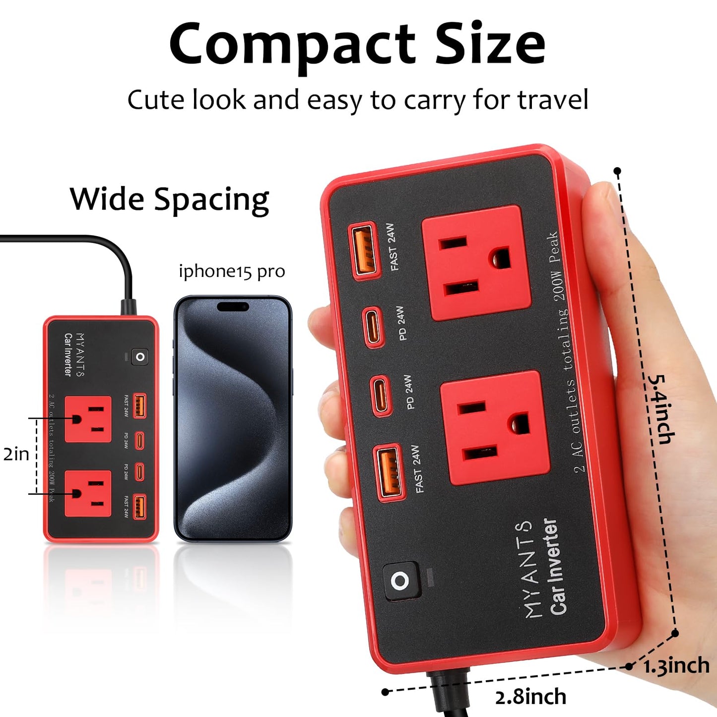 200W Car Power Inverter, DC 12V to 110V AC Car Plug Adapter Outlet with 4 USB Fast Charging Port, Car Charger Cigarette Lighter Adapter for Laptop，Road Trip