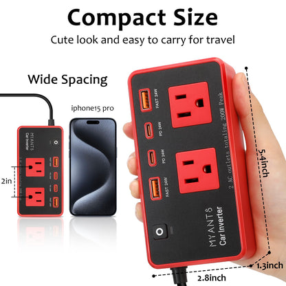200W Car Power Inverter, DC 12V to 110V AC Car Plug Adapter Outlet with 4 USB Fast Charging Port, Car Charger Cigarette Lighter Adapter for Laptop，Road Trip