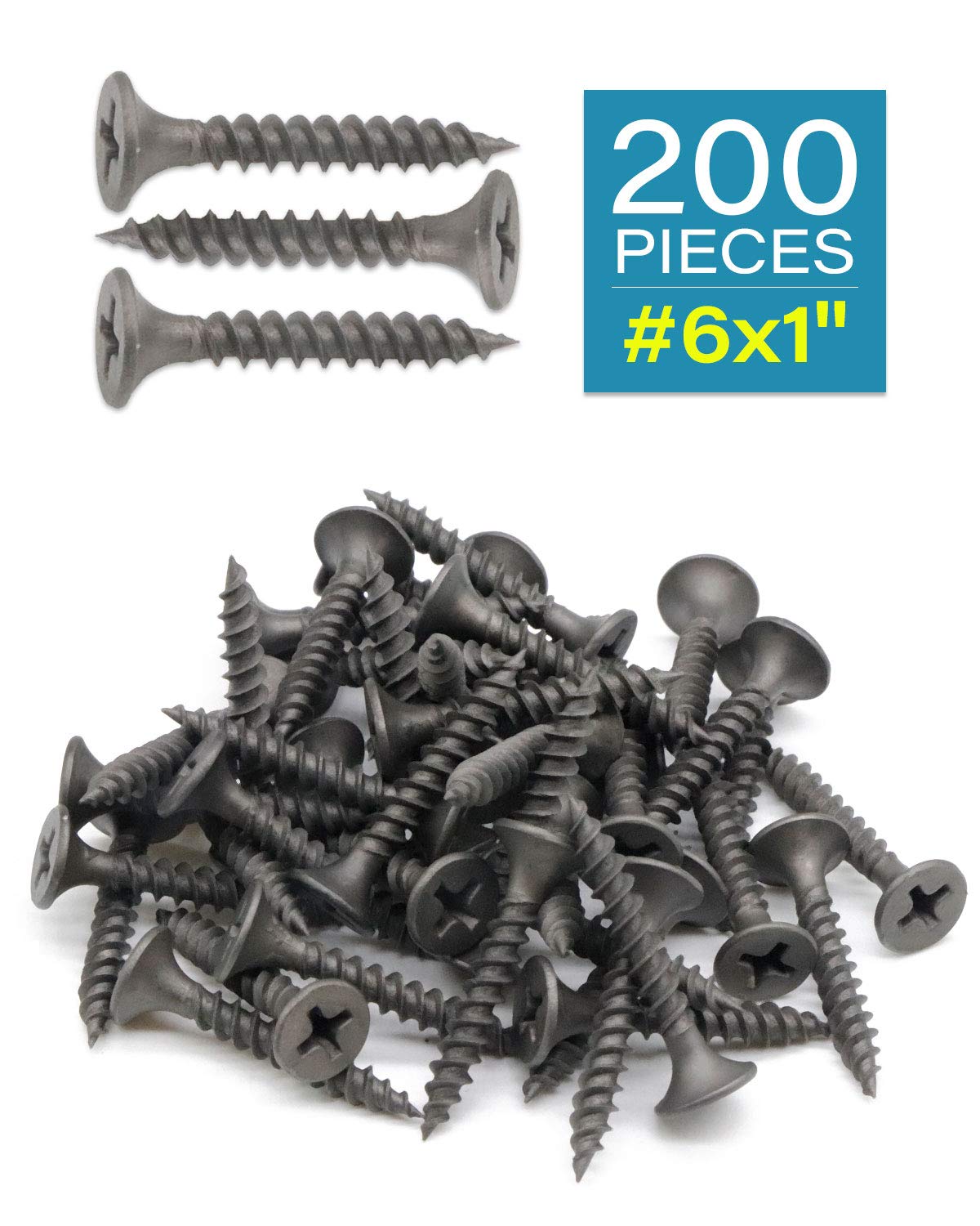 IMScrews #6 x 1 Inch Drywall Screws, 200 Pcs Flat Head Phillips Drive, Fine Thread, Sharp Point Wood Screws, 1022A Carbon Steel with Gray Phosphate Coating