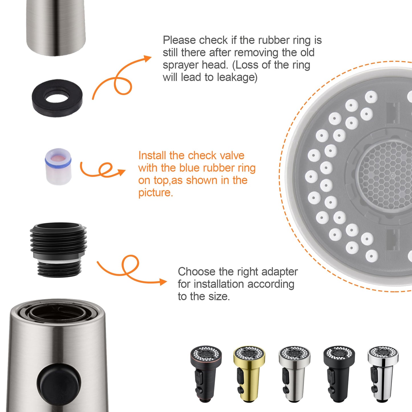 TIORIY Pull Down Spray Head Replacement - for Kitchen Faucet Sprayer Head with 15 Adapters, 3 Function Pull Out Faucet Spray Nozzle, Brushed Nickel