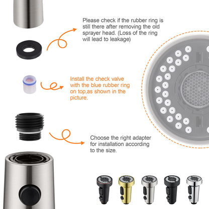 TIORIY Pull Down Spray Head Replacement - for Kitchen Faucet Sprayer Head with 15 Adapters, 3 Function Pull Out Faucet Spray Nozzle, Brushed Nickel
