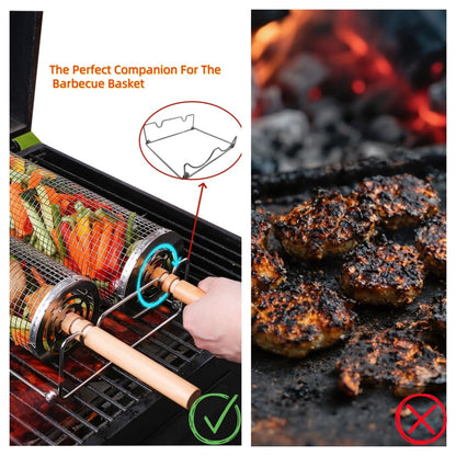 ZASTREXIS 2PCS Rolling Grill Basket, Grilling Basket with Removable Wooden Handle, Holder Included，304 Stainless Steel BBQ Accessories for Outdoor Camping,Picnic,Dinner Party,Gifts for Men Dad Husband