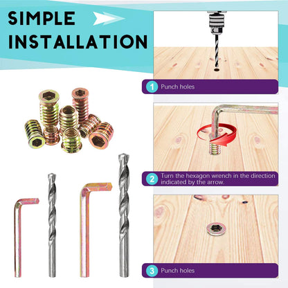 Swpeet 135Pcs 1/4" + 5/16" Carbon Steel Color Zinc Plated Wood Inserts and 9mm 11mm Twist Drill with 2Pcs M6 M8 Wrench Kit, Bolt Furniture Screw in Nut Threaded Fastener Connector Hex Socket Drive