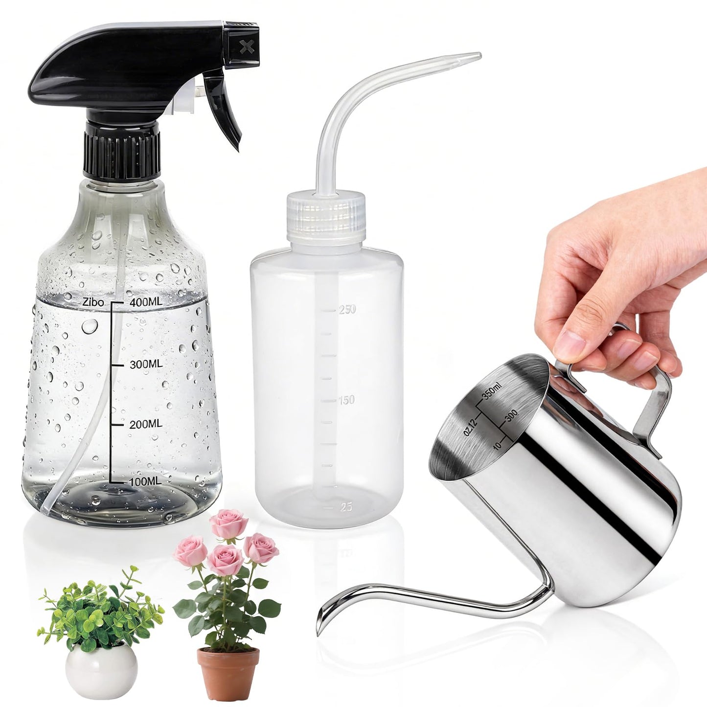 Boocalny 3Pcs Watering Can Indoor Plants Set,350ml Stainless Steel Long Spout Plant Watering Pot & 250ml Squeeze Bottle& 500ml Mist Spray Bottle,Mini Indoor Watering Can for House Garden Potted Flower