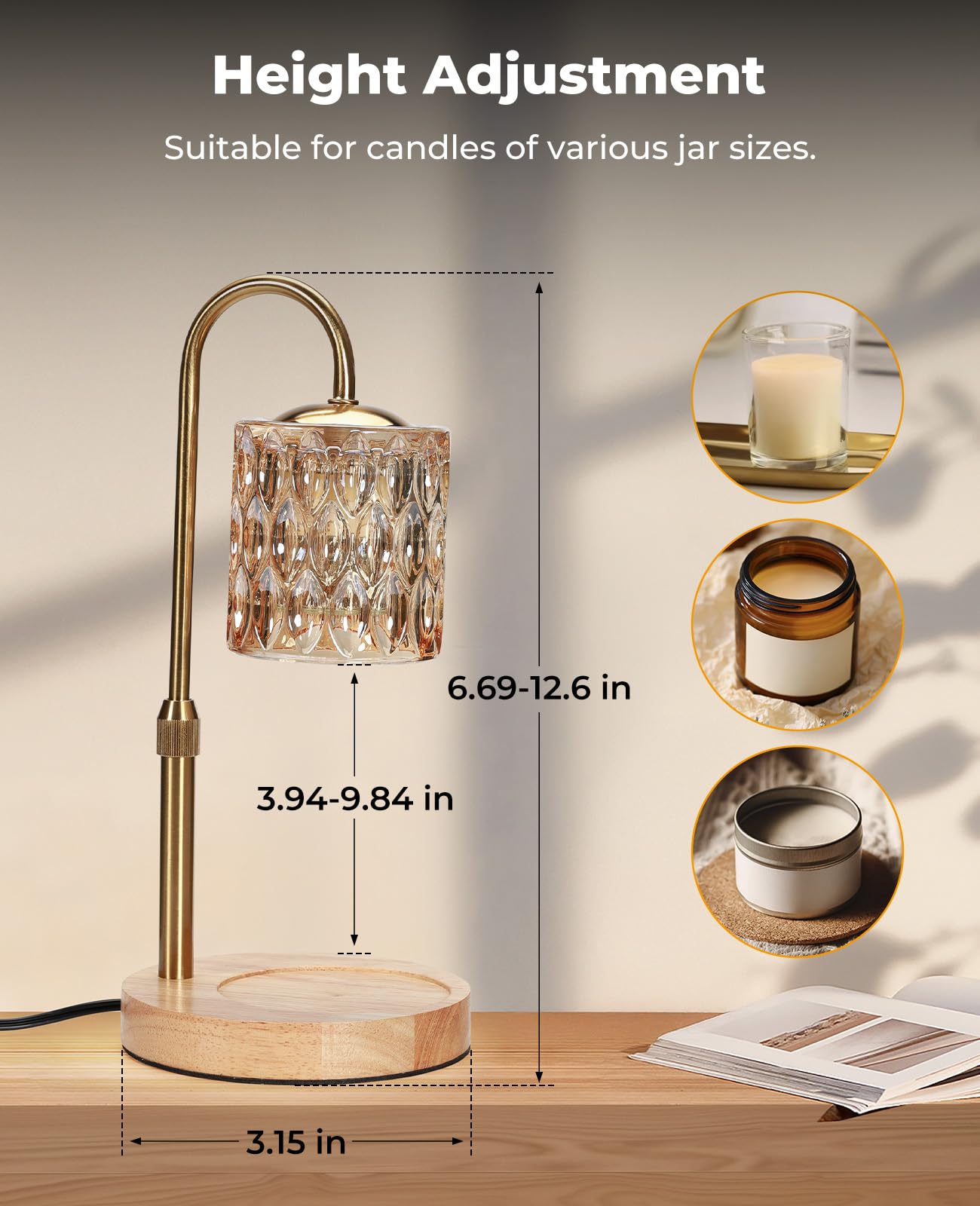Candle Warmer Lamp, Candle Warmer with Timer and Dimmer, Adjustable Height Electric Candles Lamp with 2 Bulbs for Scented Jar, Wax Melter Lamp for Home Decor, Gifts for Women