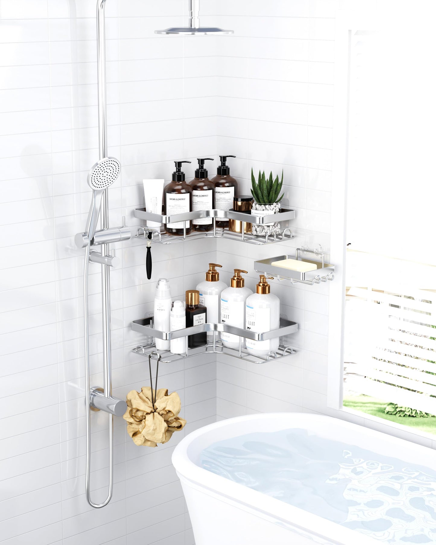 Sakugi Corner Shower Caddy - 3-Pack Shower Organizer with Soap Holder & Built-In Hooks, Rustproof Metal Shower Shelves, Laundry, Kitchen, Bathroom Organizers and Storage Solution, Silver