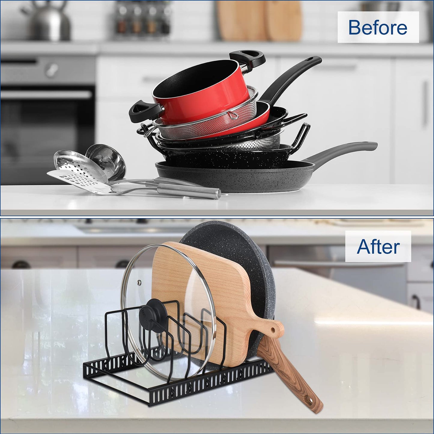 Toplife 7+ Lid Organizer, Adjustable Kitchen Cabinet Organizer for Cutting Boards, Plates, Bakeware, Black