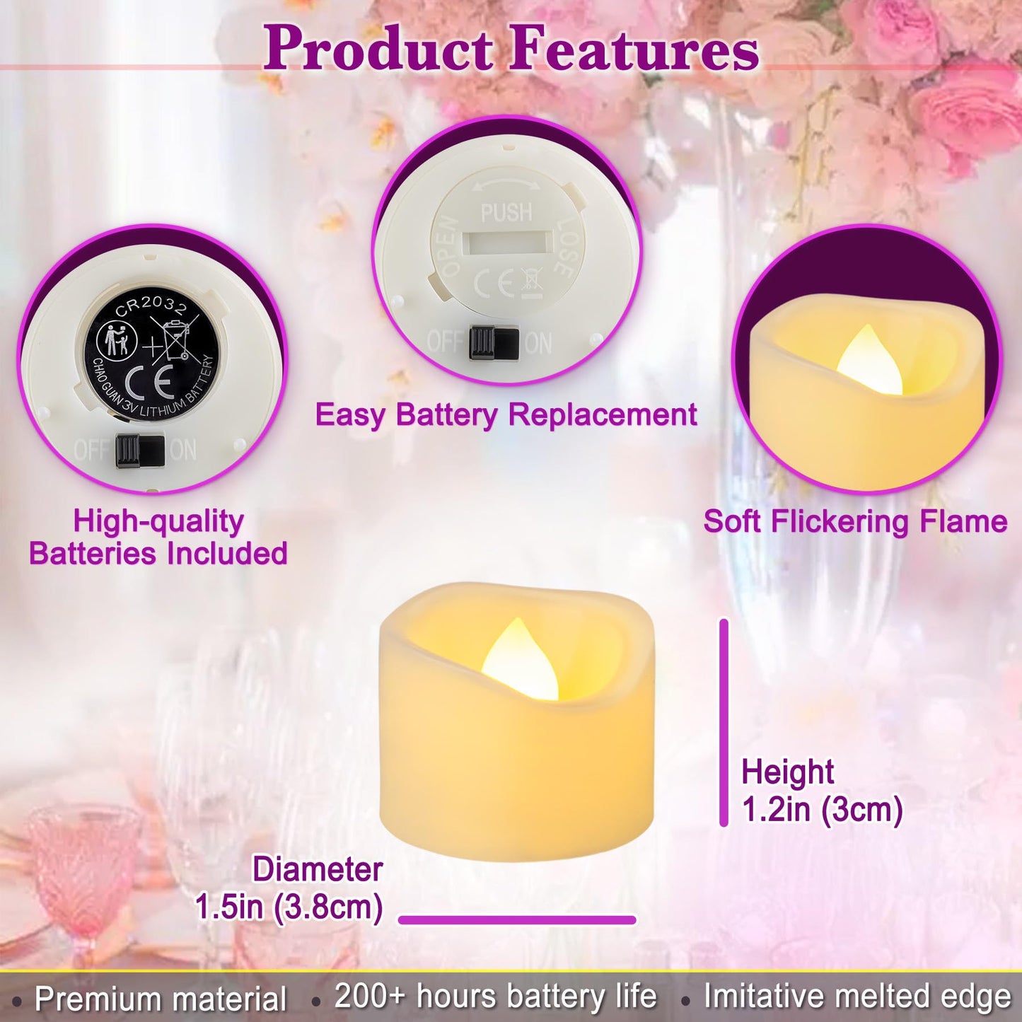 Yakpo 48 Pack 3.8cm x 3cm Tea Lights Battery Operated Votive Candles, Flameless Flickering LED Tealights Electric Outdoor Flicker Fake Tealight Candles Bulk for Wedding Halloween Christmas Decorations