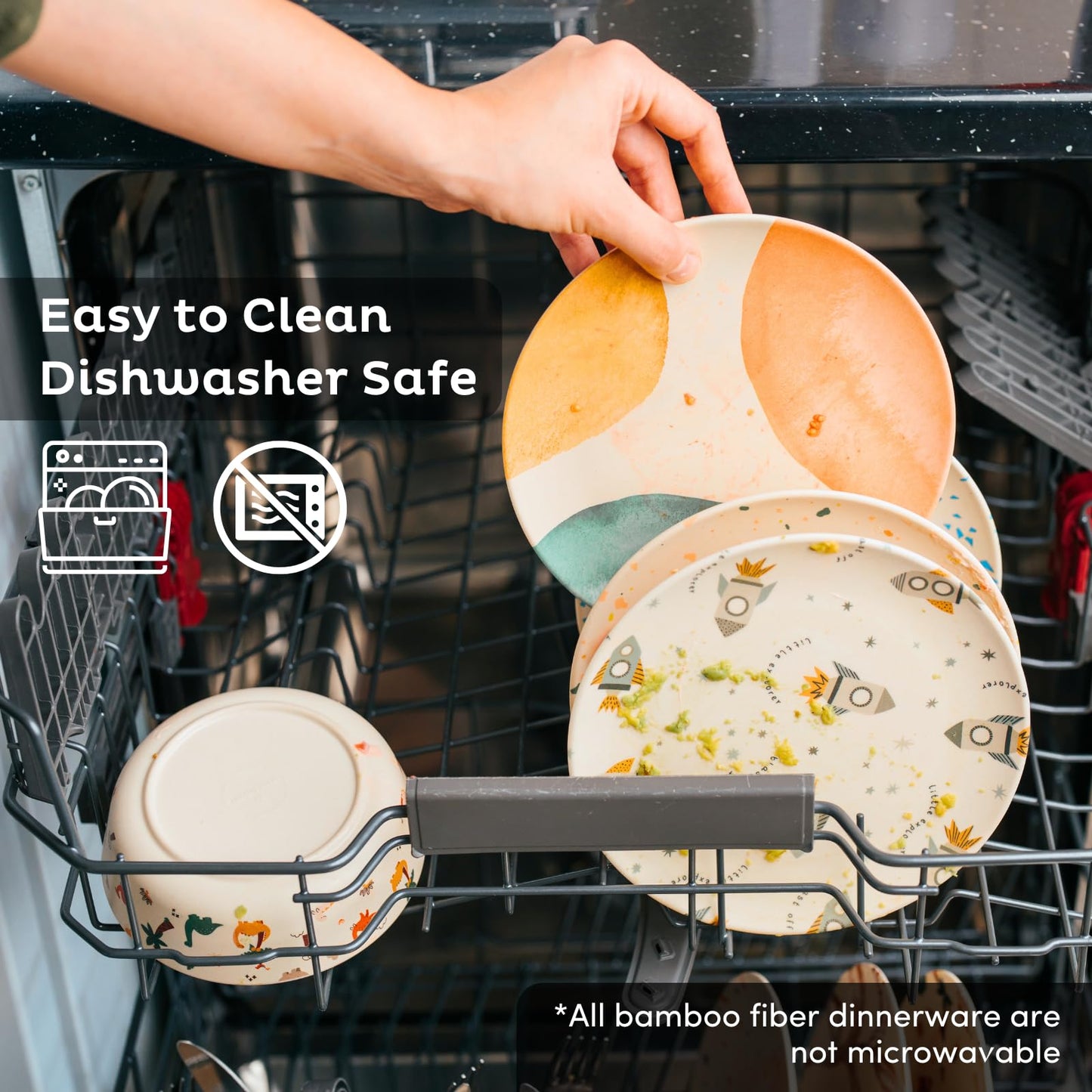 Nook Theory 4 Pack Reusable Bamboo Plates - Non-Toxic Toddler and Kids Plate, Dishwasher Safe, Not Microwavable Dinnerware (Catdog 8")