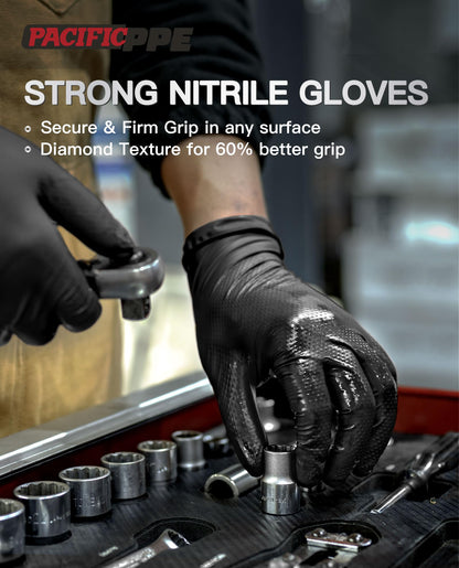 PACIFIC 8 Mil Heavy Duty Black Nitrile Gloves, Food Safe, Latex Free, Mechanic, Fully-Diamond Textured Grip Industrial Disposable Gloves, X-Large