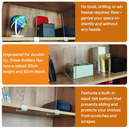 AeKeatDa 8 Pack Acrylic Shelf Dividers for Closets,Books,Clear Shelf Separators Multifunctional Shelf Divider for Kitchen Cabinets, Home,Bookcases and Others