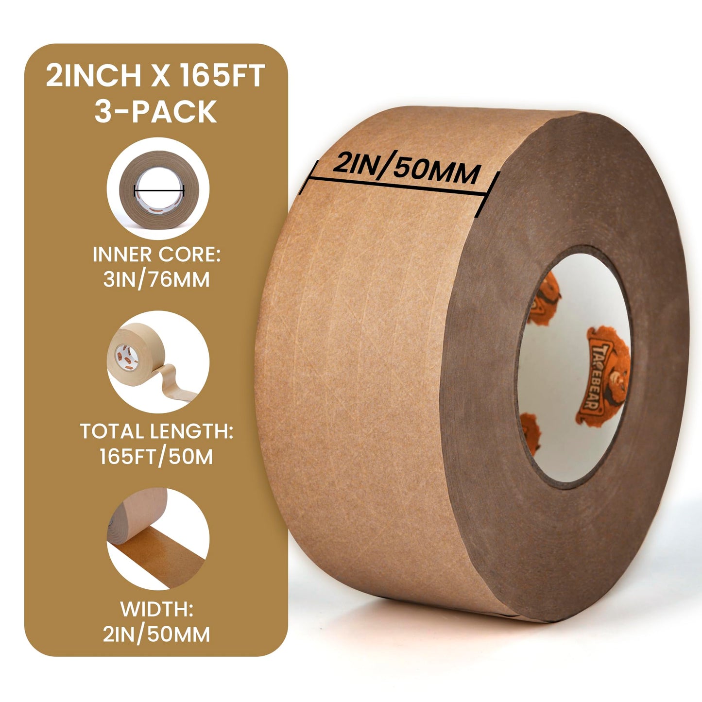 TAPEBEAR Water Activated Tape, Fiber Reinforced Gummed Tape 2inch x 165ft, Eco-Friendly Kraft Paper Tape Biodegradable Brown Packing Tape for Security Sealing, Heavy Duty Packaging and Shipping,3Rolls