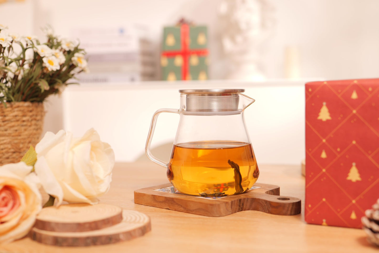 CNGLASS One-Touch Glass Teapot,20oz(600ml) Glass Tea Kettle with Stainless Steel Filter Lid,Stovetop Safe Tea Maker for Loose Leaf Tea