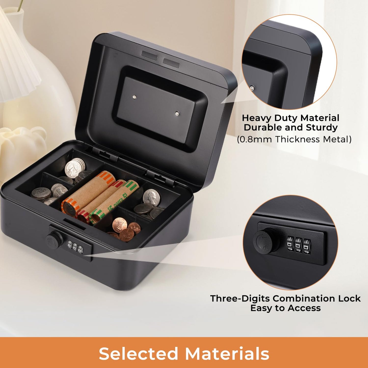 Cash Box with Combination Lock and Money Tray - Metal Money Box for Cash - Lock Box for Money 7.87" x 6.3" x 3.54" - Black