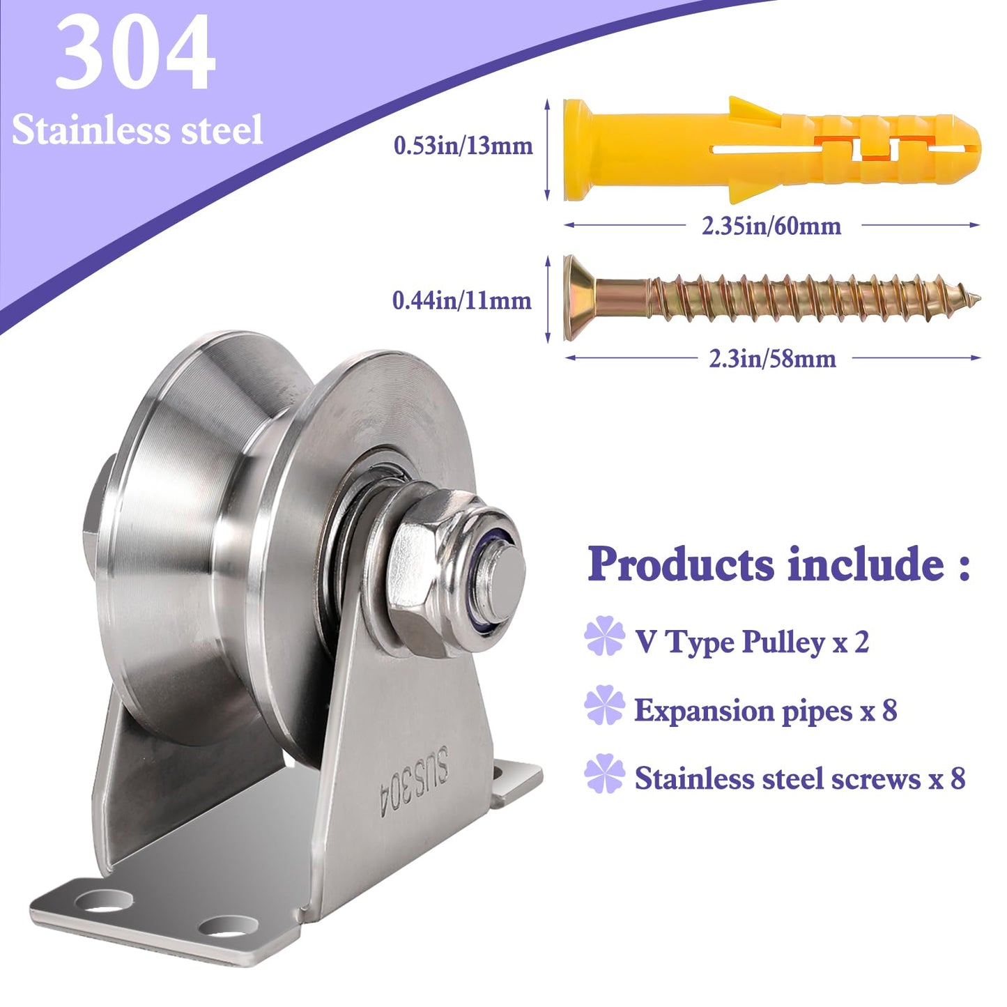 V Type Groove Wheel Pulley Stainless Steel Pulley Block Super Silent Single,Pulley Block for DIY Gym Equipment,Sliding Gate Detachable Duplex Bearing with Mounting Screws and Expansion Pipes