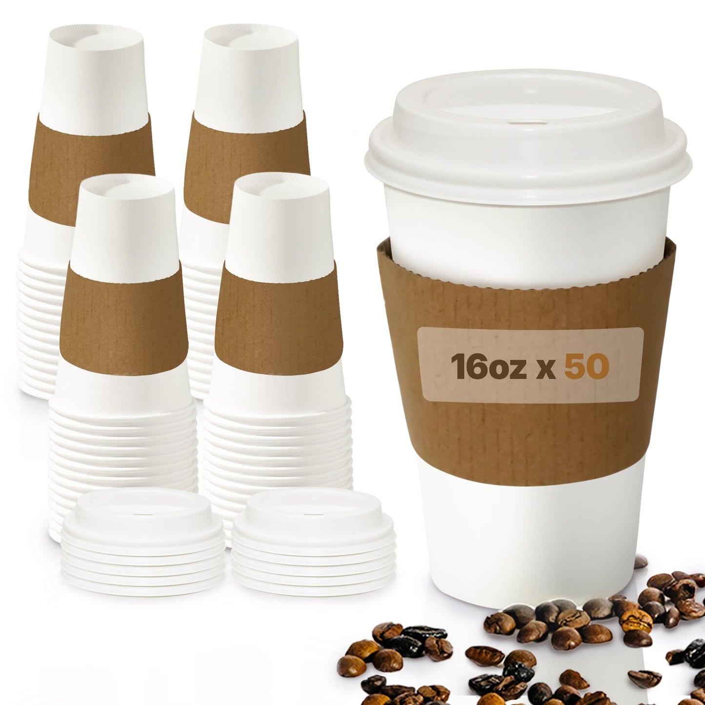 16oz Disposable Coffee Cups with Lids and Sleeves – Set of 50 Disposable Cups for Hot and Cold Drinks – White Paper Cups with Lids and Covers for Thermal Protection – 50 Units, 16oz Each