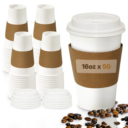 16oz Disposable Coffee Cups with Lids and Sleeves – Set of 50 Disposable Cups for Hot and Cold Drinks – White Paper Cups with Lids and Covers for Thermal Protection – 50 Units, 16oz Each
