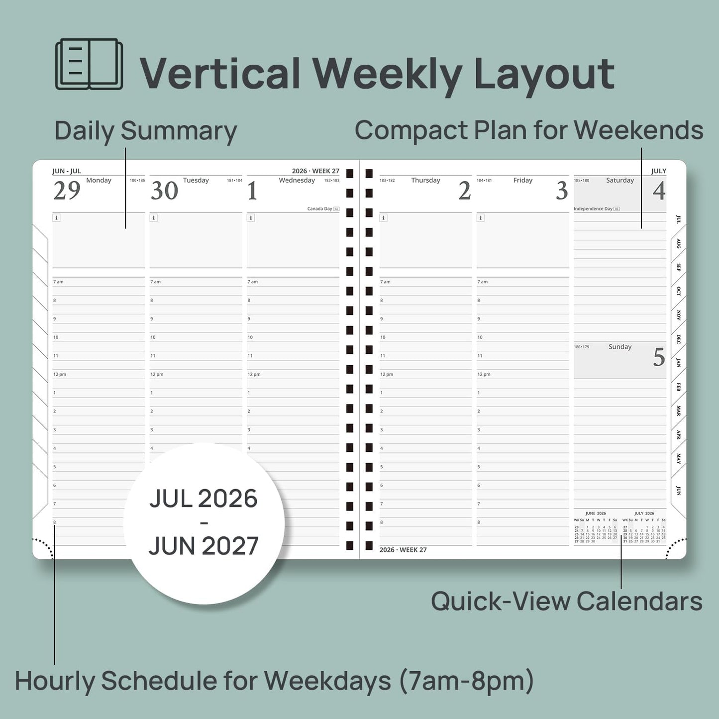 POPRUN Planner 2026-2027 (Large - 8.5'' x 10.5'') Academic Weekly Calendar (July 2026 - June 2027) with Hourly Time Slots, Monthly Tabs, 100GSM Thick Papers, Spiral Leather Cover - Brown