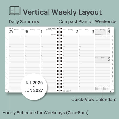 POPRUN Planner 2026-2027 (Large - 8.5'' x 10.5'') Academic Weekly Calendar (July 2026 - June 2027) with Hourly Time Slots, Monthly Tabs, 100GSM Thick Papers, Spiral Leather Cover - Brown