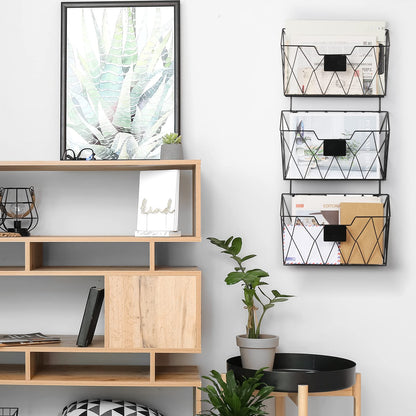 YBING Wall File Organizer for Office Hanging Wall File Holder and Basket Set of 3 Wall Mounted File Rack with Hooks Metal Wall Storage for Office Living Room, Black