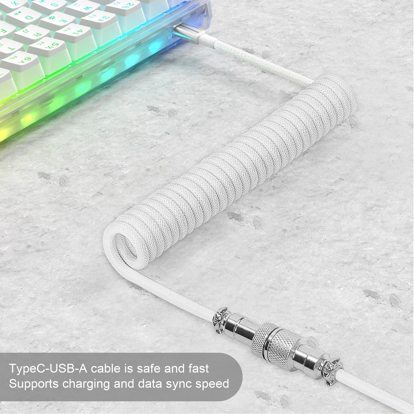 Yindiao x Attack Shark C01PRO Custom Braided Coiled Keyboard Cable, USB-C to A Metal Aviator Cable for Gaming Keyboard, Detachable Double Sleeved Spiral Cable for Mac Win PC Mouse-White